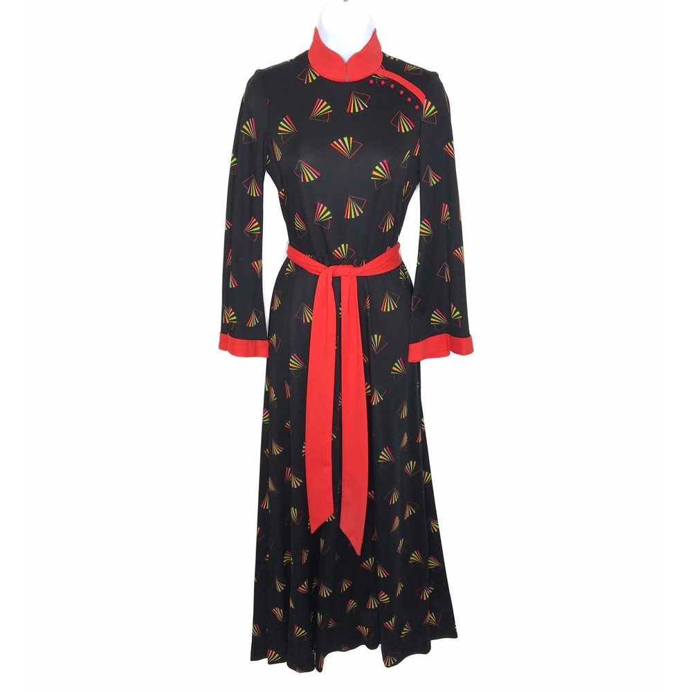 vintage 1970s maxi dress kimono style Asian fan novelty print - Picture 10 of 10
